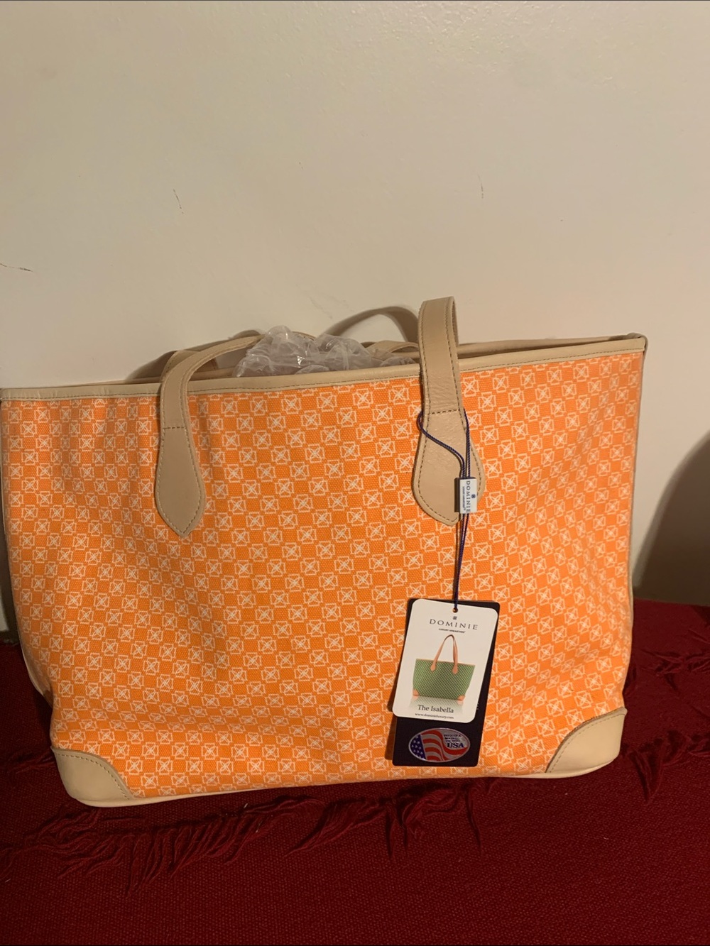 Orange Patterned Canvas Tote with Beige Trim by Dominie